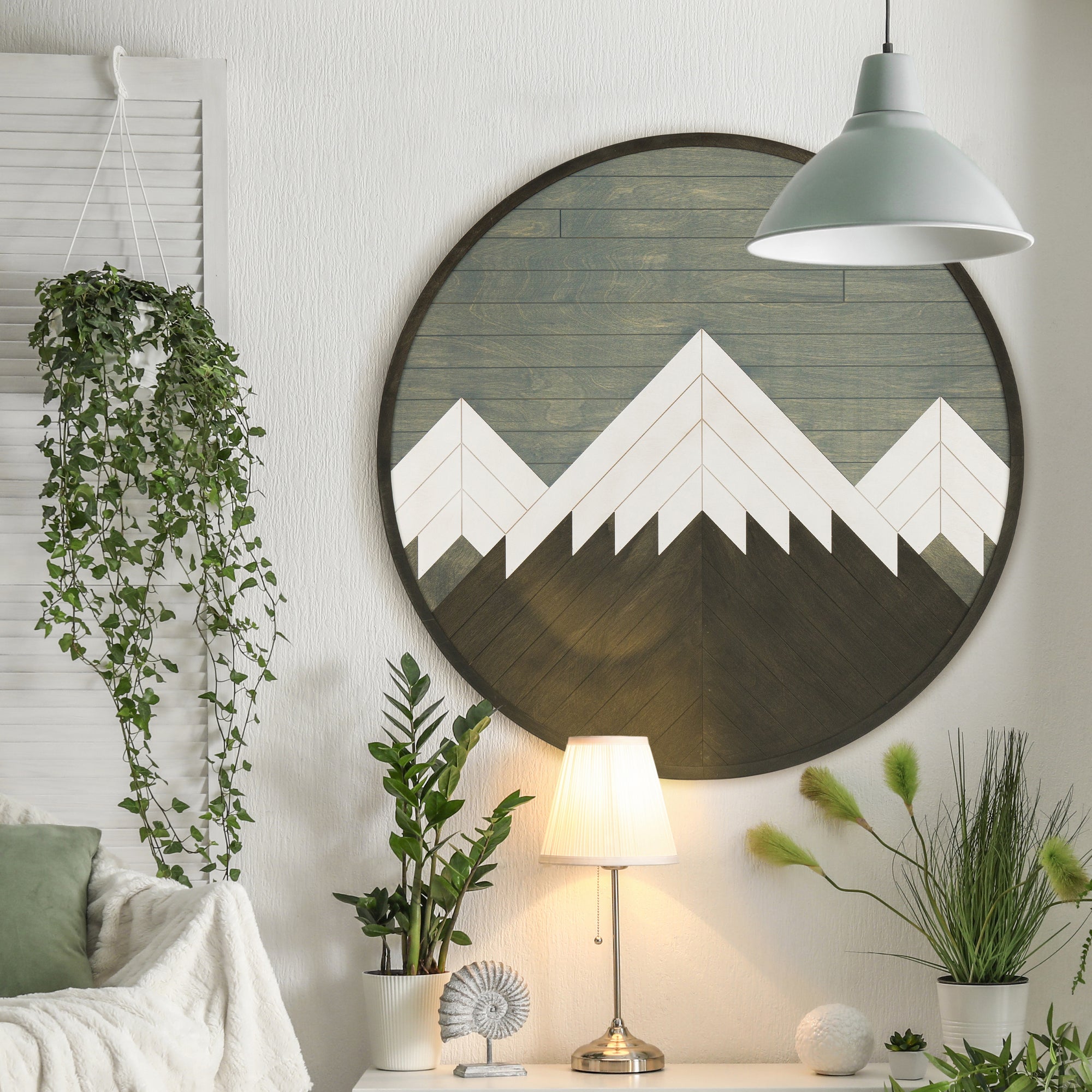 Mountains Wooden Wall Art- Round Mountains Wood Wall Art Panel- Large Geometric Wood Wall Hanging